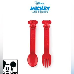 Disney  Tupperware Baby Feeding Mickey & Minnie Spoon & Fork Set Reusable Red